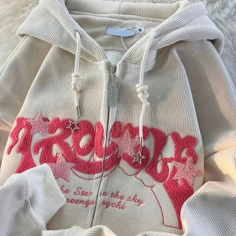 Women Retro Embroidery Hoodies Autumn Winter Zip Up Long Sleeve Loose Jacket Coats Y2K Casual Pocket Hooded Sweatshirts 240824