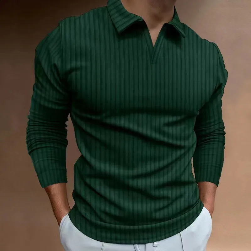 mens spring and autumn casual striped long sleeve top V-neck loose polo shirt 240824