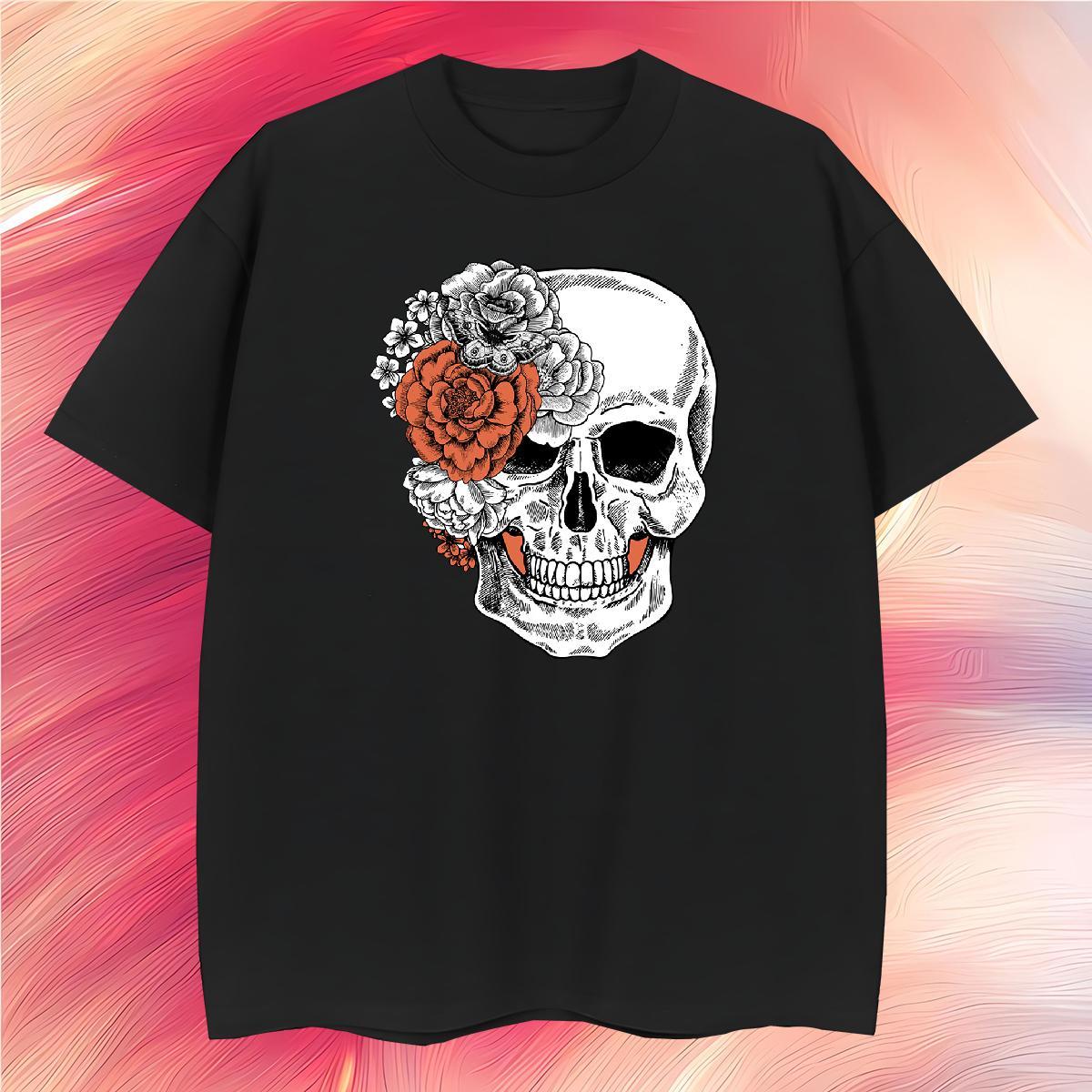 TOP Quality Man T Shirts 230g Cotton flower Street Skull O-Neck Short Sleeve Men Tees DIY Customized Top Tees