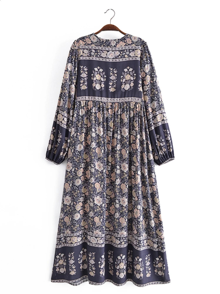 Grey Floral Print Vintage Women V-neck Lantern Sleeve Tassel Beach Bohemian Maxi Dresses Ladies Rayon Boho Dress Robe Vestidos 240824