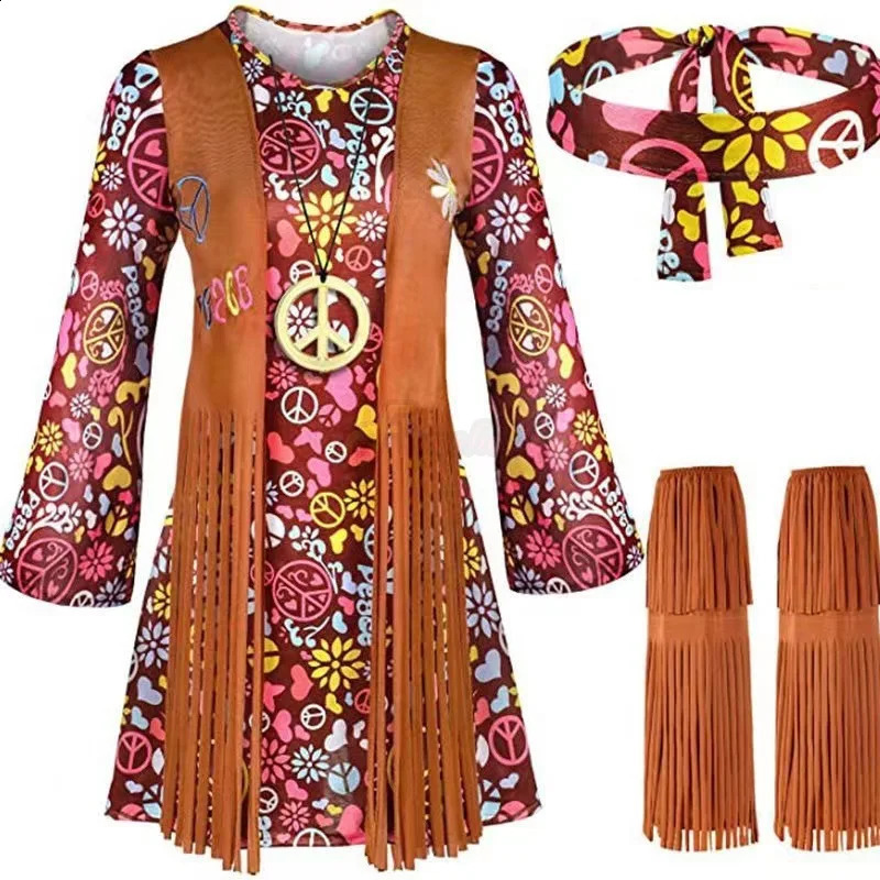 Women Peace Love Hippie Costume Party 1960s 1970s Christmas 1960s Stage Performance Halloween Role Playing Indian Tassel Costume 240824
