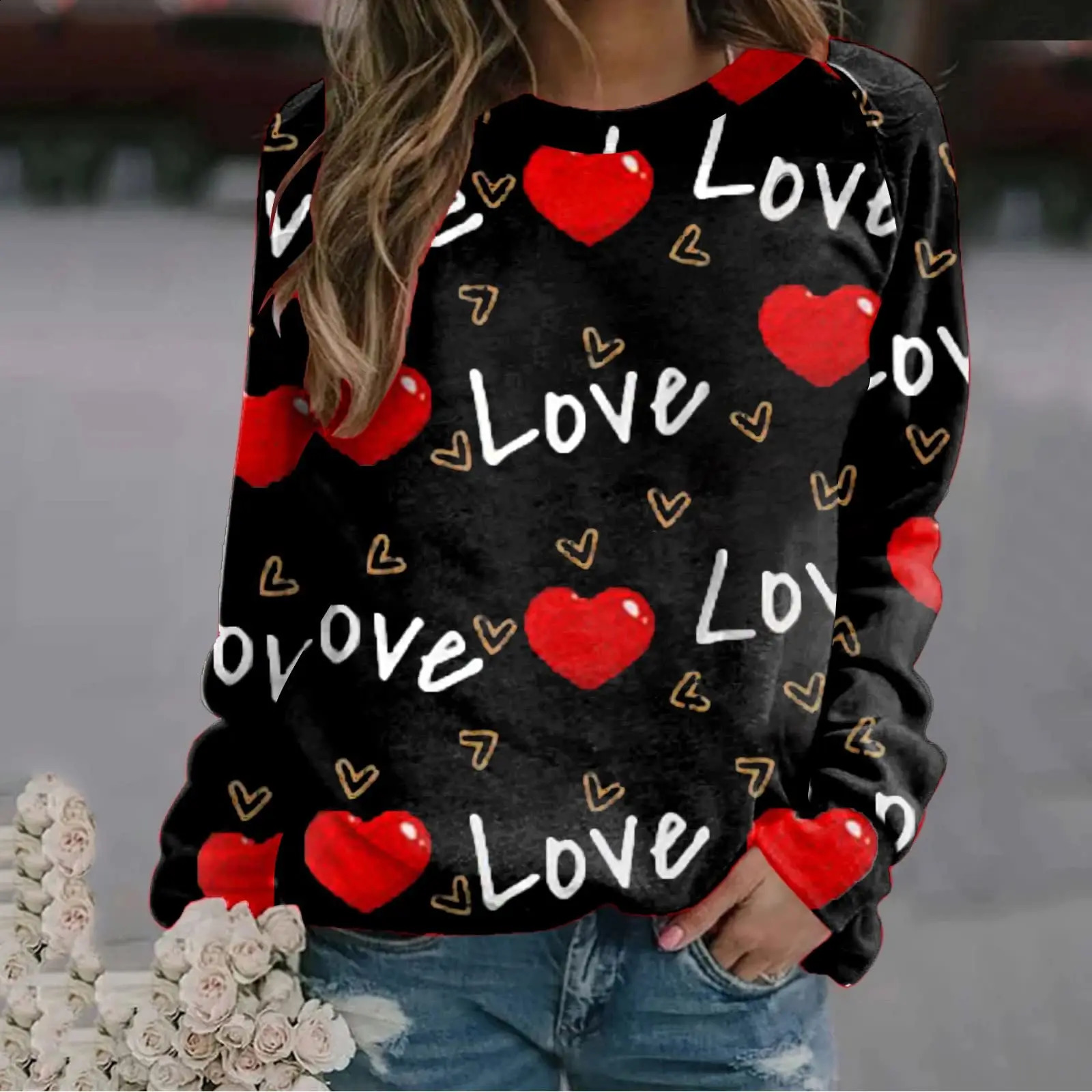 Womens Casual Sweatshirt 3D Love Print Long Sleeve Round Neck Loose Autumn Pullover Fashion Versatile Womens Hoodie 240824