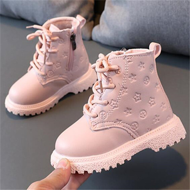 Kids Baby Martin Boots Pu Leather Winter Plus Velvet Shoes Fashion Embossed Side Zipper Children Boys Girls Snow Boots