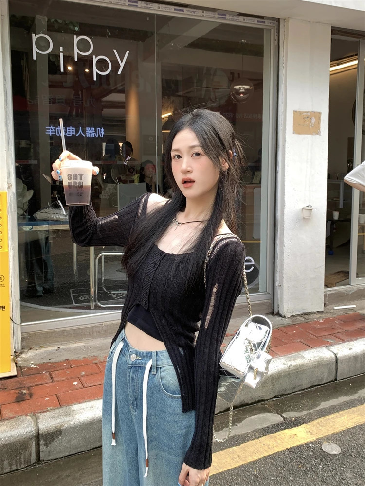 Thin Sexy Solid Knitted Top Women Summer Long Sleeve Crew Neck Cardigans Buttons n Hollow Out Korean Style Knitwear 240824