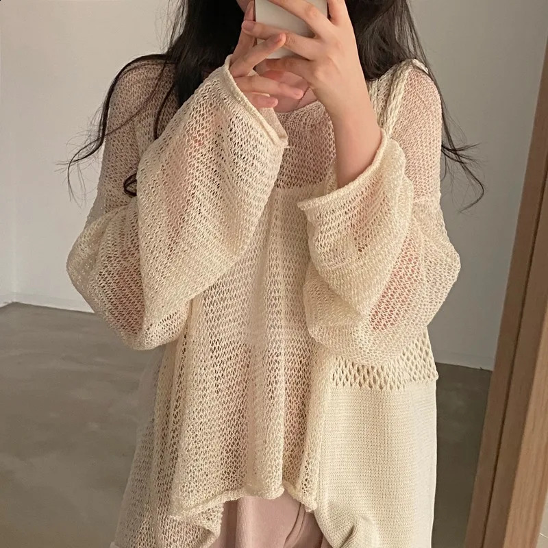 Hollow Out Chic Blouse Female Autumn Thin Knitwear Korean Loose Sweater Beige Women Fashion Jumpers Pullovers Casual Sweaters 240824