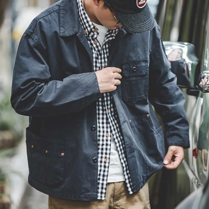 Maden Men Vintage Navy Coats Loose Comfort Jacket Hombre Do Old Top Clothes Asymmetric Pockets Plus Size 2XL Man Casual 240824