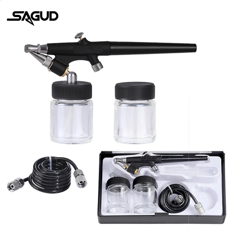 SAGUD 0.8mm spray gun kit with 1/8 interface equipped with a 22cc spray gun cup and air hose component suitable for paint treatment models tattoo cake