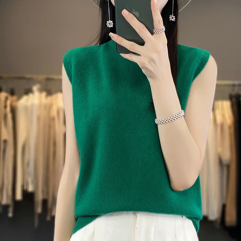 Womens T-shirt Spring/Summer Pure Wool Tank Top Womens Half High Neck Knitted Pullover Sleeveless Vest Kam Shoulder 240824