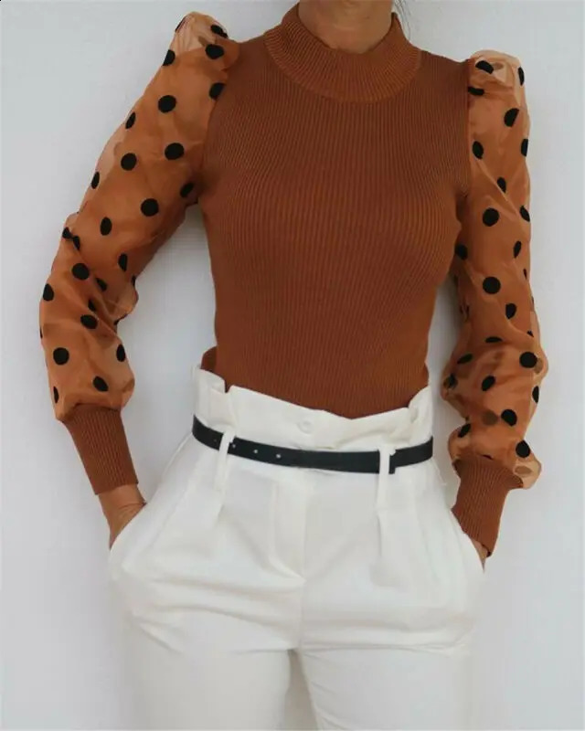 Meihuida Autumn Winter Women Polka Dot Knitted Sheer See-through Translucent Long Puff Sleeve Sweater Blouse Shirts 240824