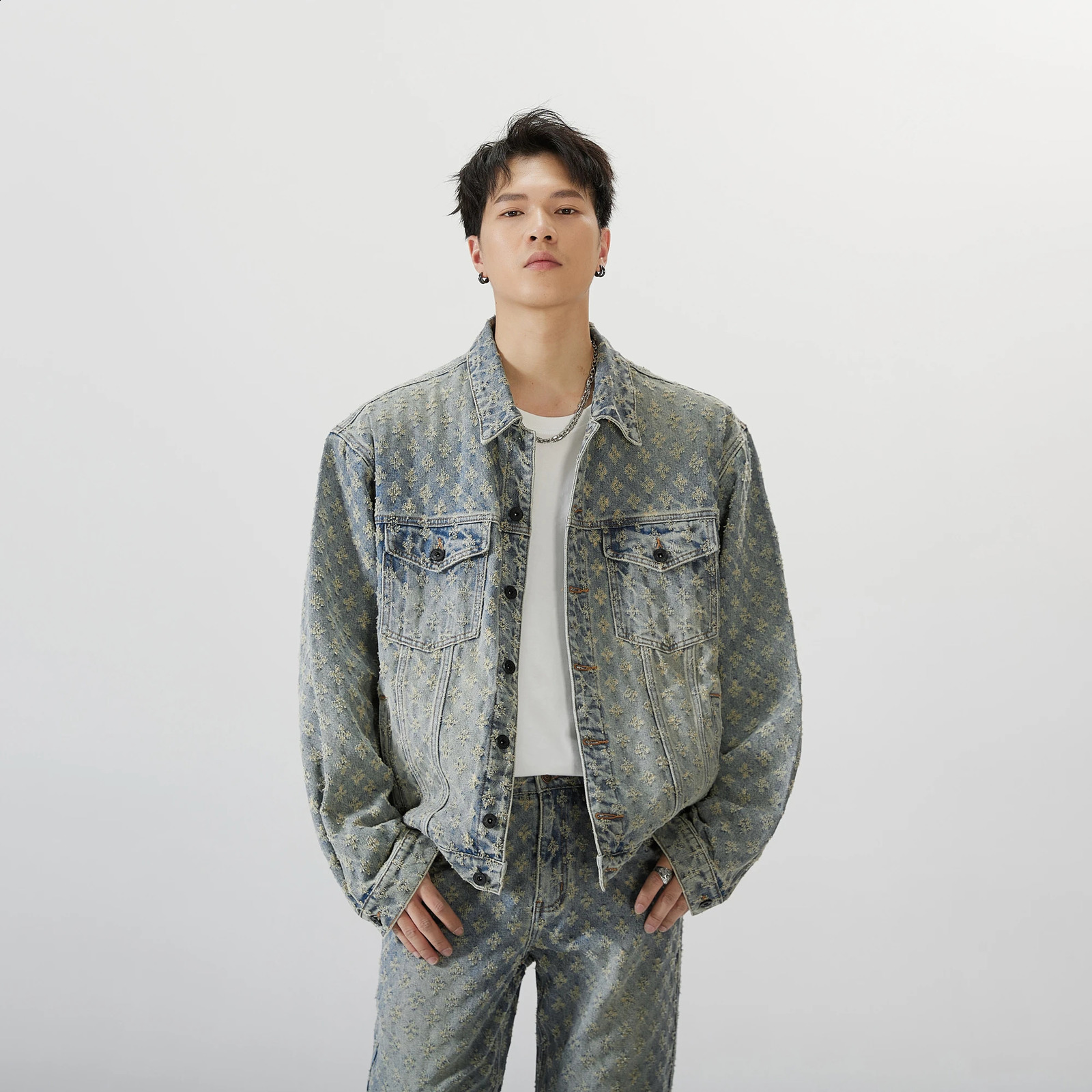 Mens Jeans Jacket Jacquard Pattern Coats Old Loose Heavy 240824