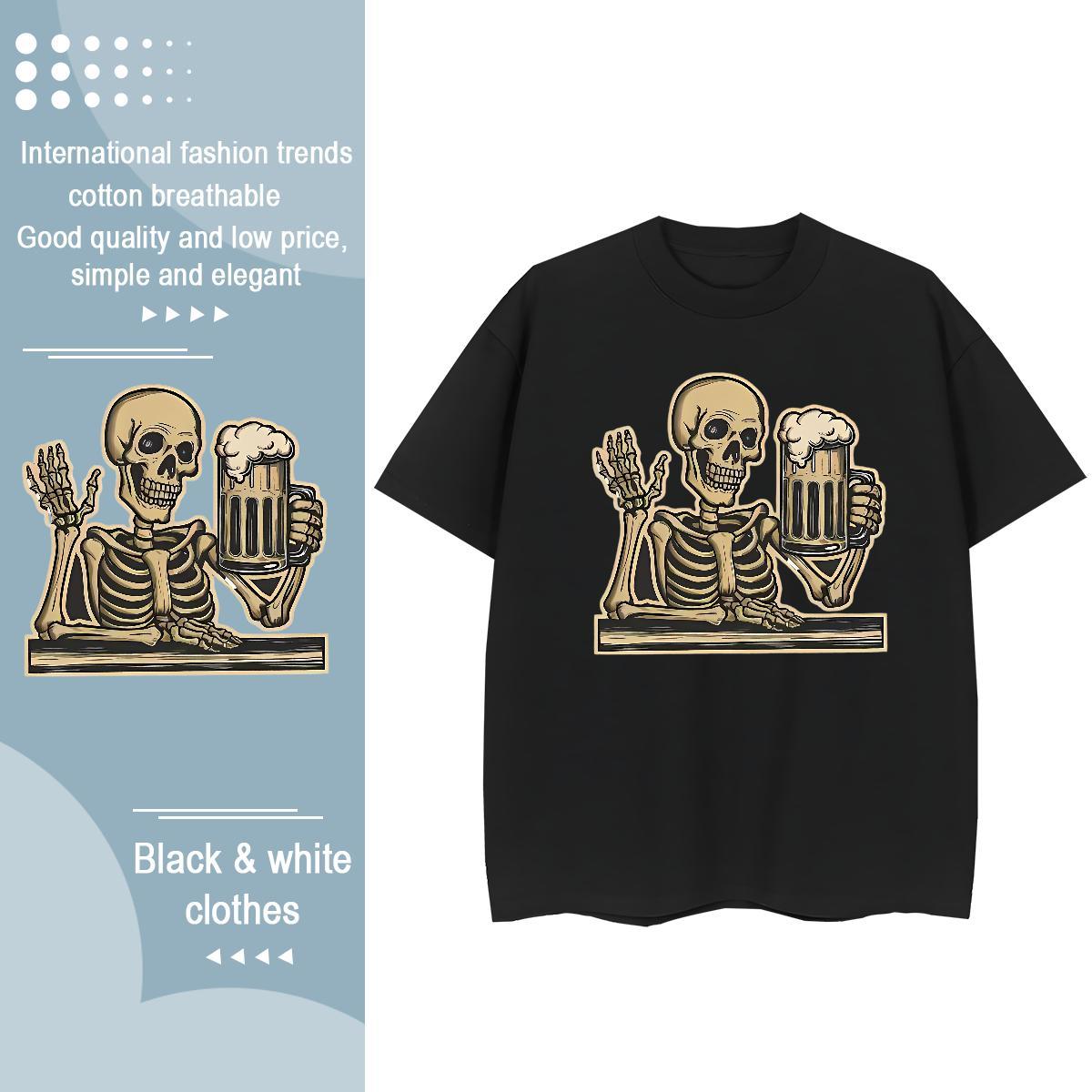 Comfortable T-Shirts for Men 230g Pure Cotton skull Summer Casual Graphic Crew Neck Breathable Couples T Shirts Fashion New Polos