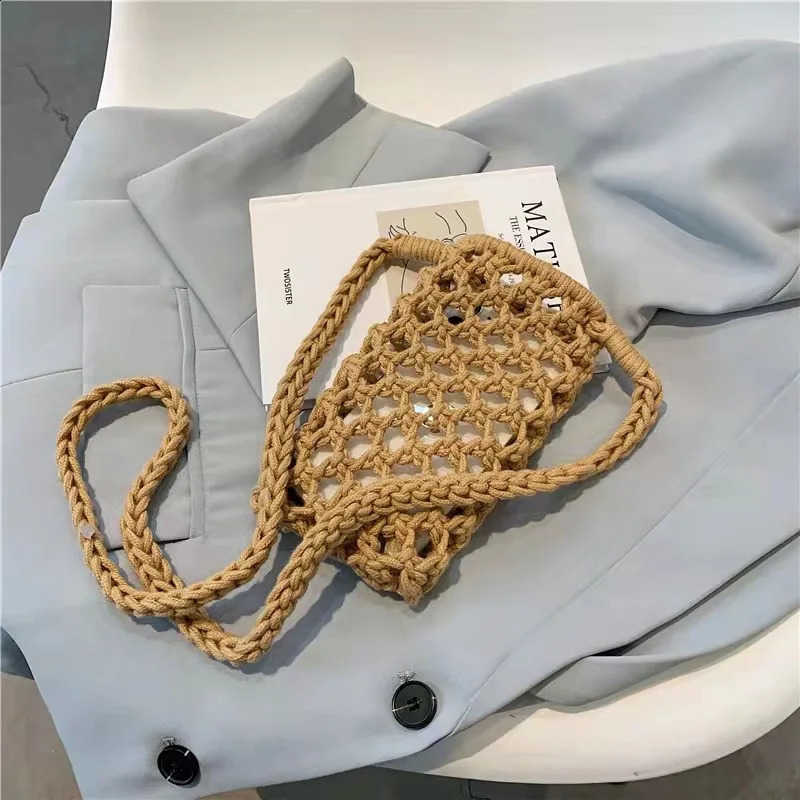 Women Fashion Small Crossbody Phone Bag Solid Color Hollow-out Woven Crochet Lightweight Braided Shoulder Handbag 240824