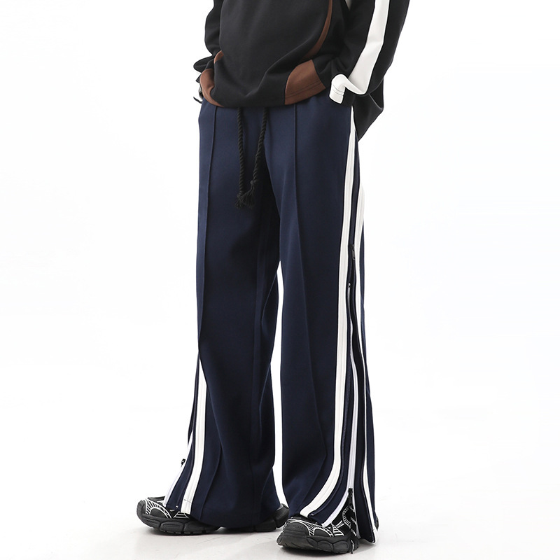 American High Street Double Zipper Striped Hanging Wide Leg Pants for Men Spring Casual Sports Pants Design Pants
