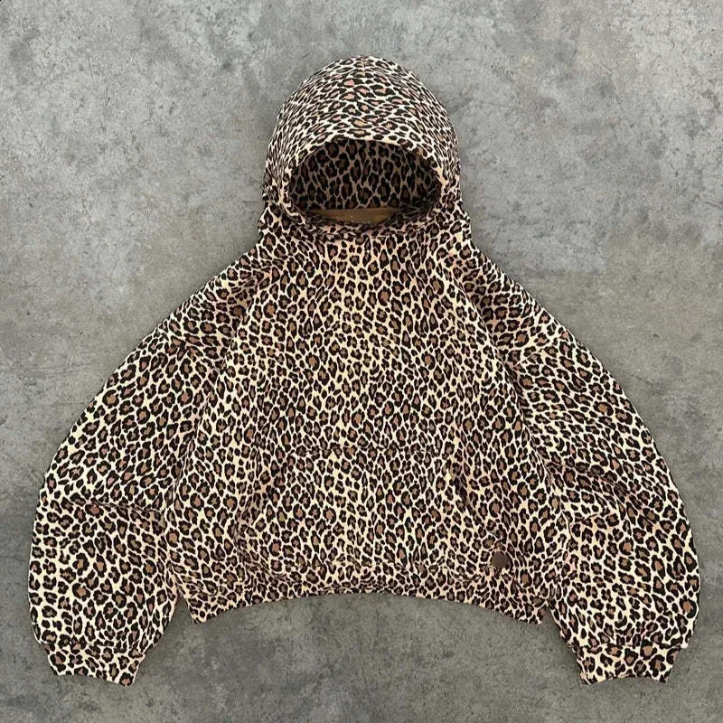 DEEPTOWN Leopard Print Hoodies Women Y2k Streetwear Hip Hop Oversize Harajuku Cheetah Print Hooded Sweatshirt Vintage Autumn 240824