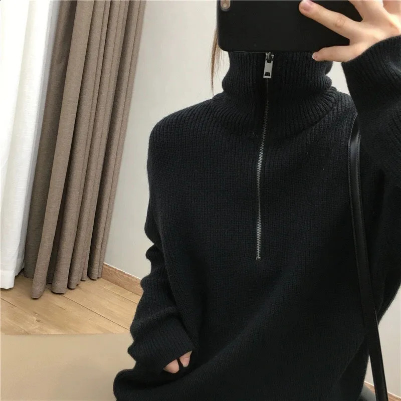 Female Knitwear Korean Style Chic Soft Solid Color Large Zipper Lapel Women Sweaters And Pullovers Fashion Knitwear CR187 240824