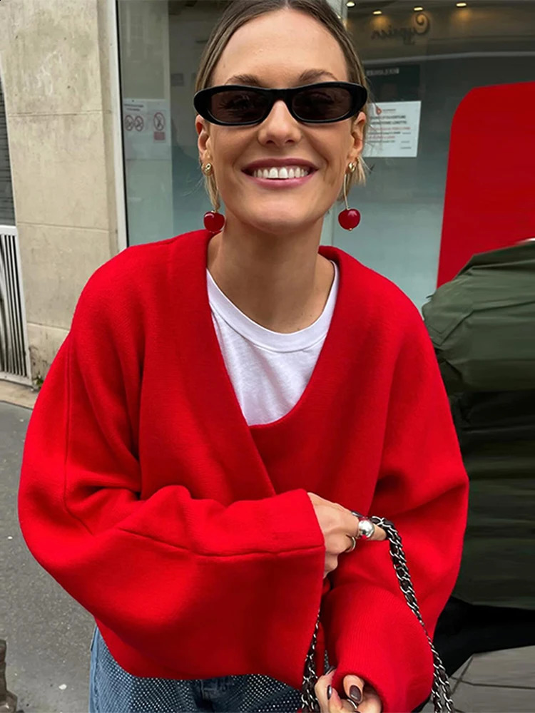 Vintage Knitted Woolen Jacket Casual Vneck Long Sleeve Female Short Coats 2024 Autumn Winter Fashion Lady Outwears 240824