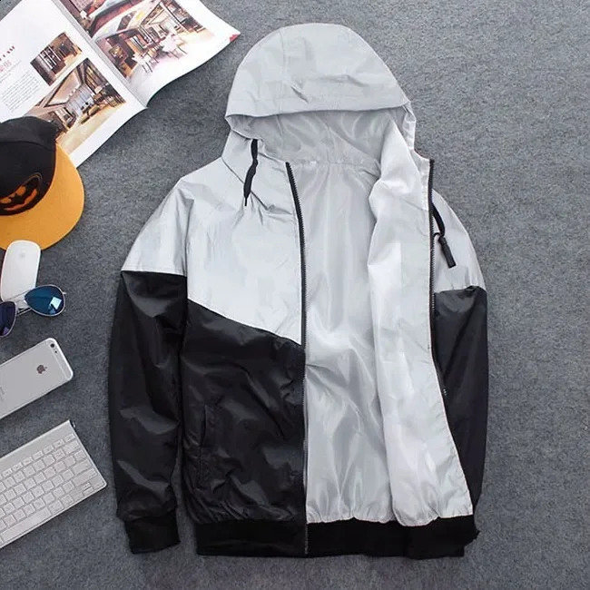 Night Men Patchwork Reflective Jacket Hip Hop Party Dancer Casual Waterproof Windbreaker Coat Trend 240718
