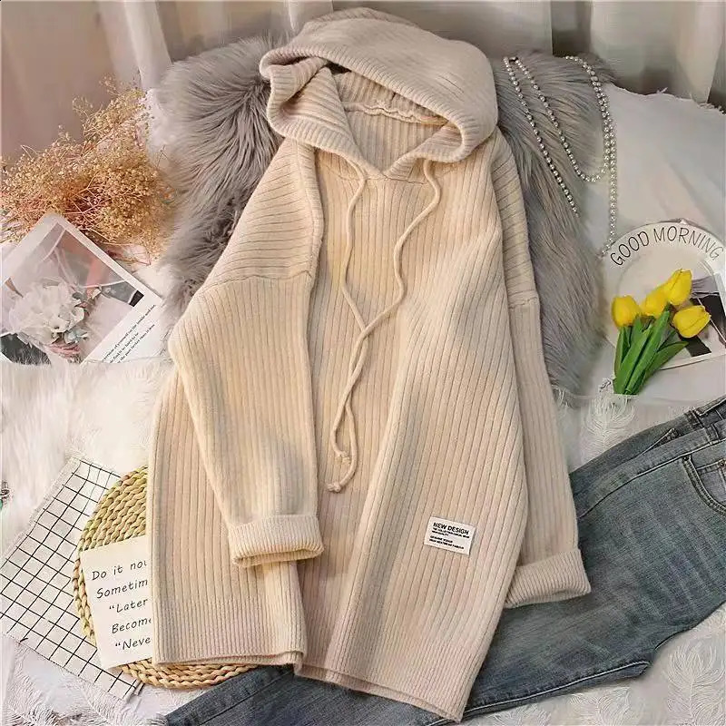 Autumn and Winter Hooded Knitted Sweater Womens Solid Color Knitted Sweater Loose Medium Long Thickened 240824