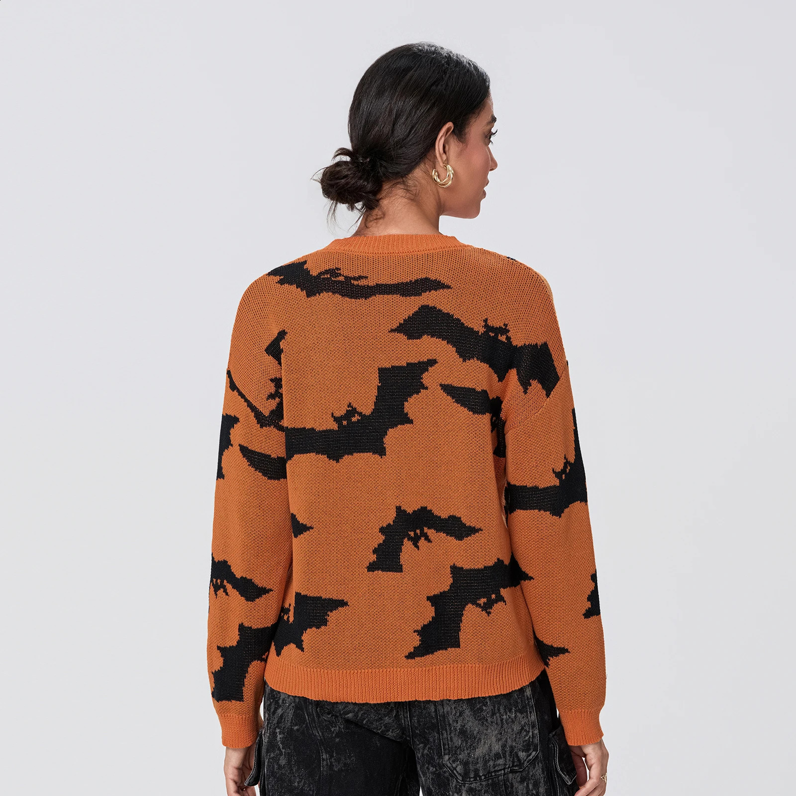 Puloru Women Halloween Sweaters Fall Winter Bats Long Sleeve Crew Neck Pullover Warm Jumpers for Streetwear Fashion Knitwear 240824