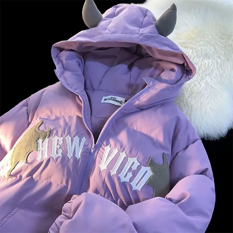 Winter American Style High Street Little Devil Bread Padded Jackets Female Y2K Couple Hooded Jacket Cotton Padded Coat 240824