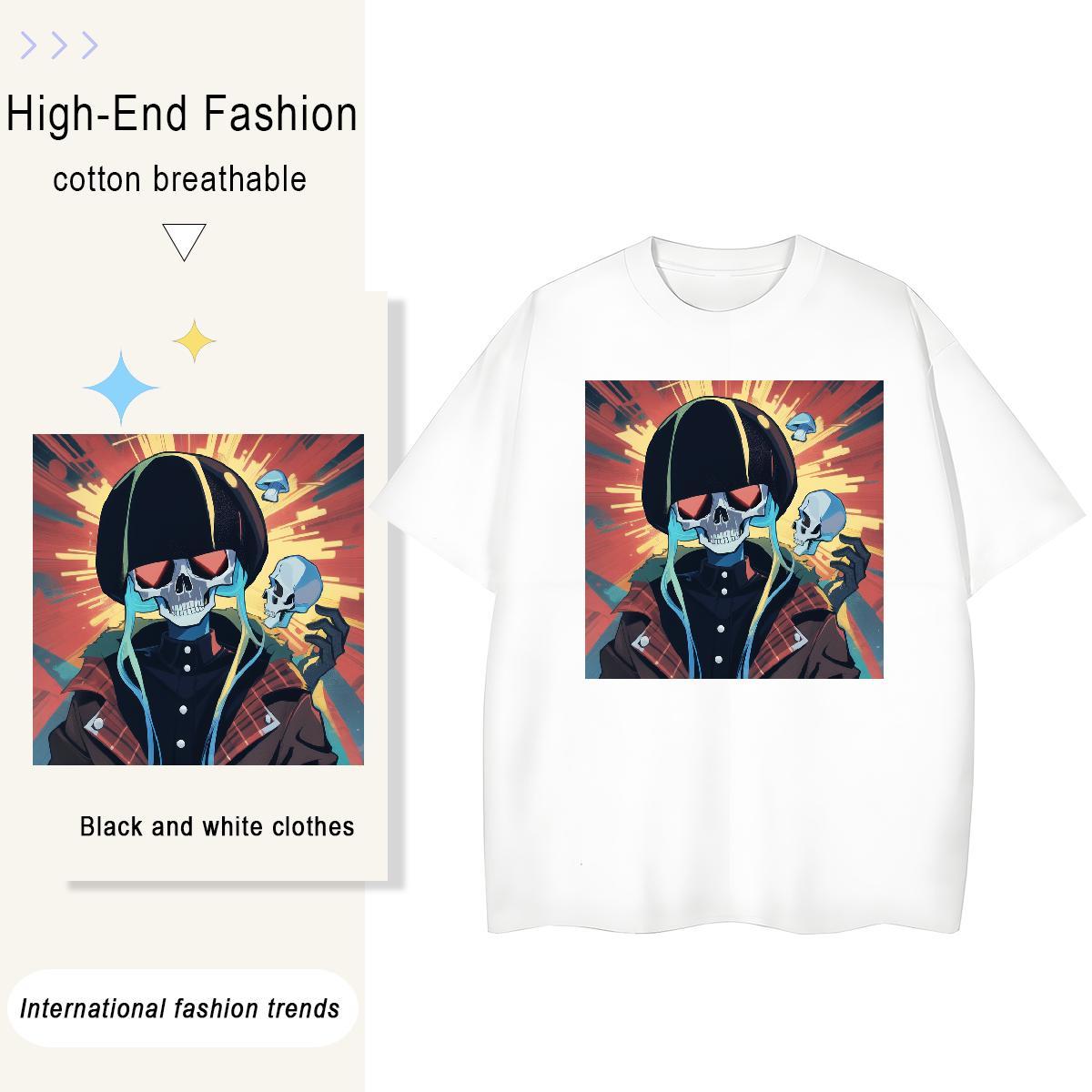 Unisex T shirt 230g 100% Cotton skull High Street Hip Hop Plus Size Cartoon Short Sleeve O-Neck Couples T Shirts 2024 Clothings