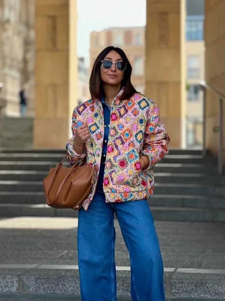 Women's Jackets Casual Print Stand Collar Cotton Jackets Women Chic Quilted Single-breasted Long Slves Short Coat 2024 Lady New Warm Outerwear Y2