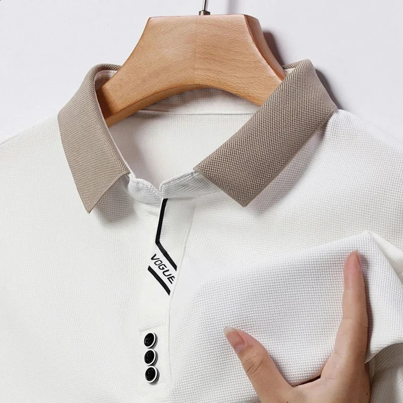 High quality mercerized cotton long sleeve t-shirt mens spring and autumn fashion contrast Lapel Polo loose casual top 240824