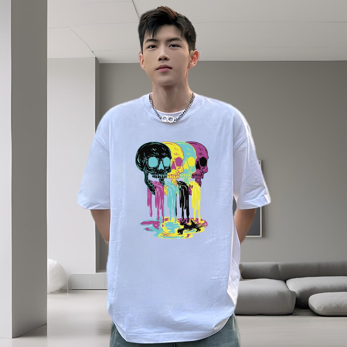 Soft Men T Shirts 230g 100% Cotton skull High Street Hip Hop Custom Print Oversized Breathable Short Sleeve Men Tees Classic Casual Tops