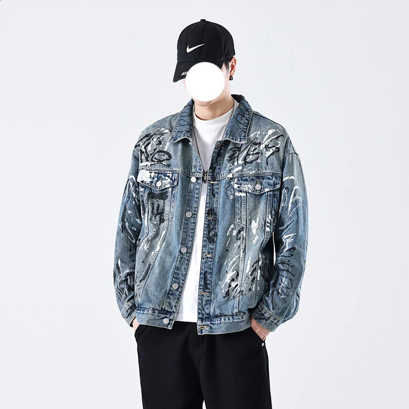 ly printed Distressed retro denim jacket for mens fashion graffiti hiphop lapel button up jeans 240824