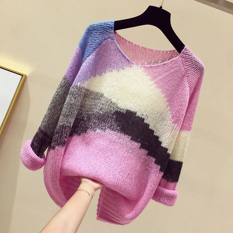 Autumn/Winter Korean Edition Simple Fashion Casual Knitted Sweater Long Sleeve Loose Color Blocking Womens T-shirt Top 240824