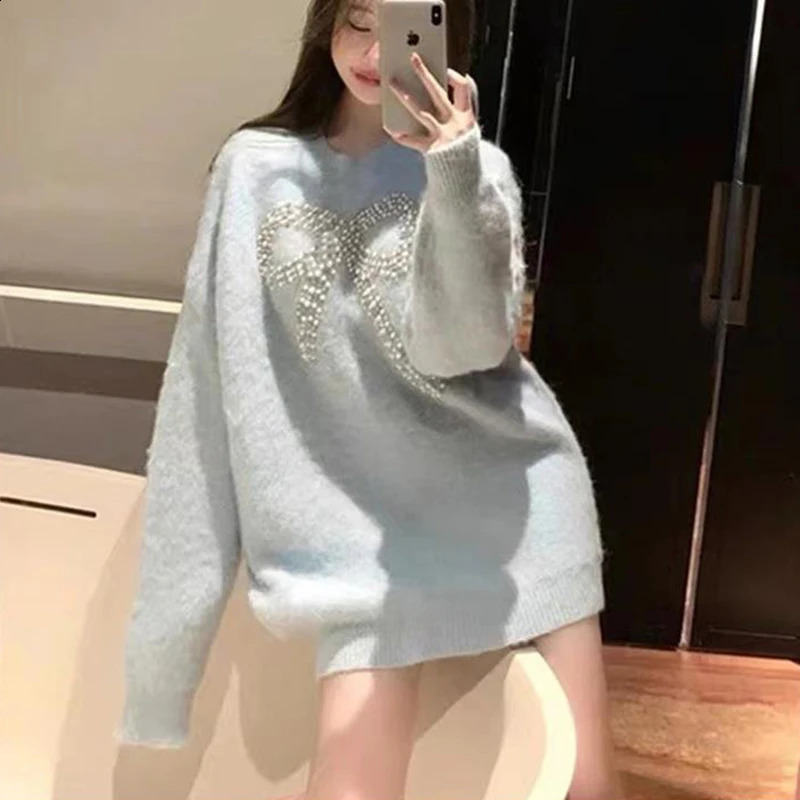 Streetwear Bow Beading Sweater Women Sweet Oversized Knitted Pullovers Vintage Loose Knitwear Winter Korean Casual Jumper Tops 240824
