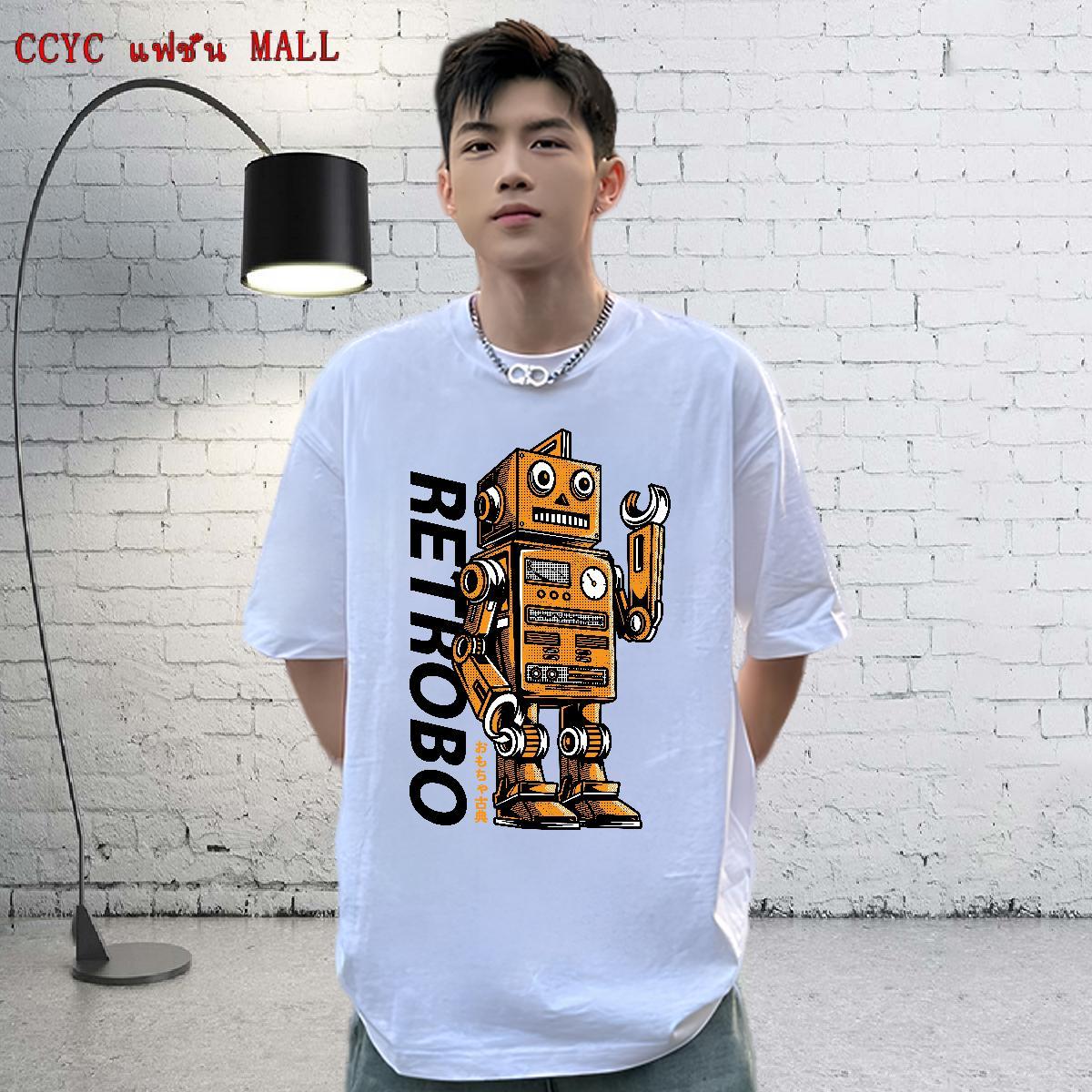 Cool T Shirts Men 100% Cotton 230g robot Spring Summer Cartoon Print Breathable Crew Neck Tshirt for Man Woman Custom Tops