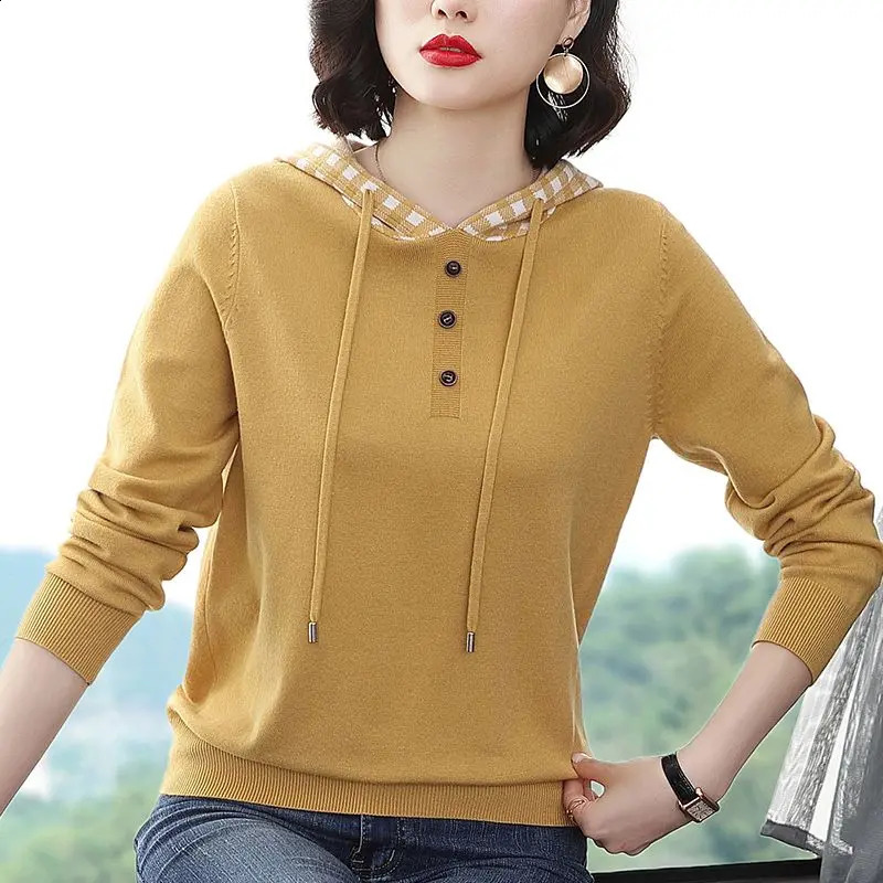 Autumn Hooded Versatile Pullover Top Drawstring Patchwork Button Long Sleeve Solid Women Casual Straight Knitted Sweater 240824
