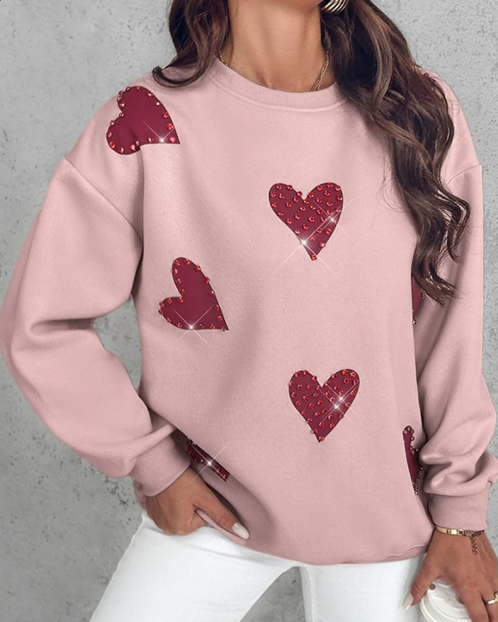 Elegant Fashion Autumn Winter Casual T-Shirt Pullover Tops Heart Print Long Sleeve Rhinestone Decor Sweatshirt 240824