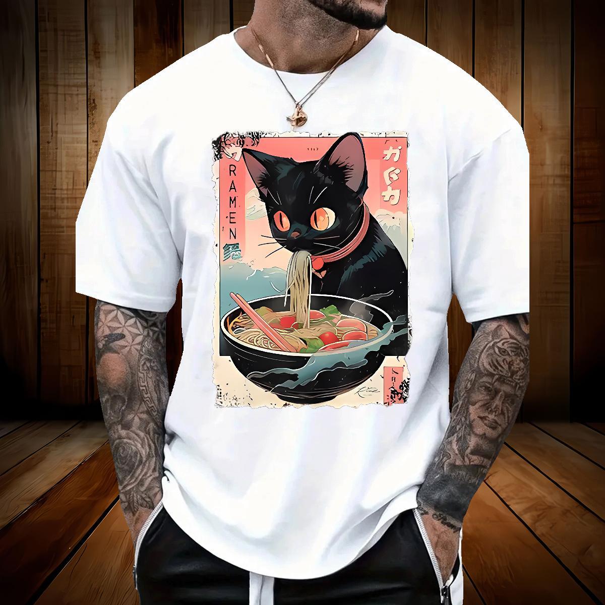 Brand Men Clothes T-Shirt The cat eats ramen noodles Spring Summer 230g 100% Cotton Tshirts Breathable Soft Wholesale T shirt DIY Printed