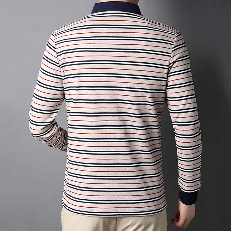 Streetwear Fashion Men Striped Polo Shirts Korean Spring Autumn Long Sleeve Basic Male Clothes Loose Business Casual Tops 240824