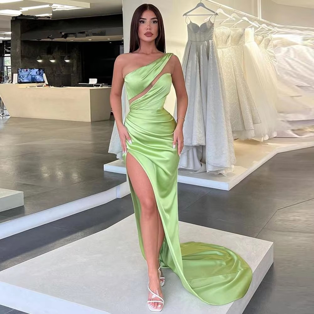 Saudi Arabic Green Evening Dresses Satin One Shoulder Long Women Prom Gowns Formal Party Dress Leg Slit Robes De Soiree