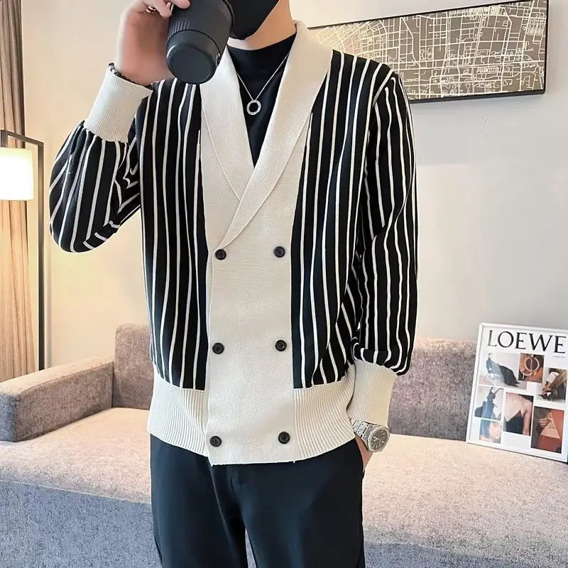AutumnWinter UK Retro Academy Stripe Contrast Set Collar Double Chest Long Sleeve Loose Fit Sweater 240824