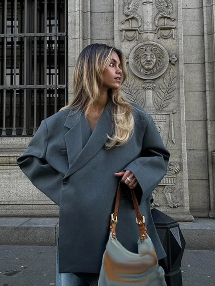 Casual Suit Blazer Coat Women Oversized Double Button Notched Side Slit Jacket Female 2024 Autumn Office Shoulder Pads Lady Tops 240813