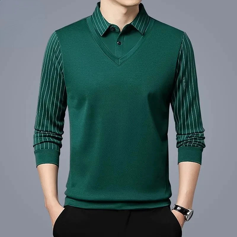 Mens T-shirt Turn-down Collar Spring Autumn Long Sleeve Button Stripe Print Fashion Polo Tees Casual Tops 240824