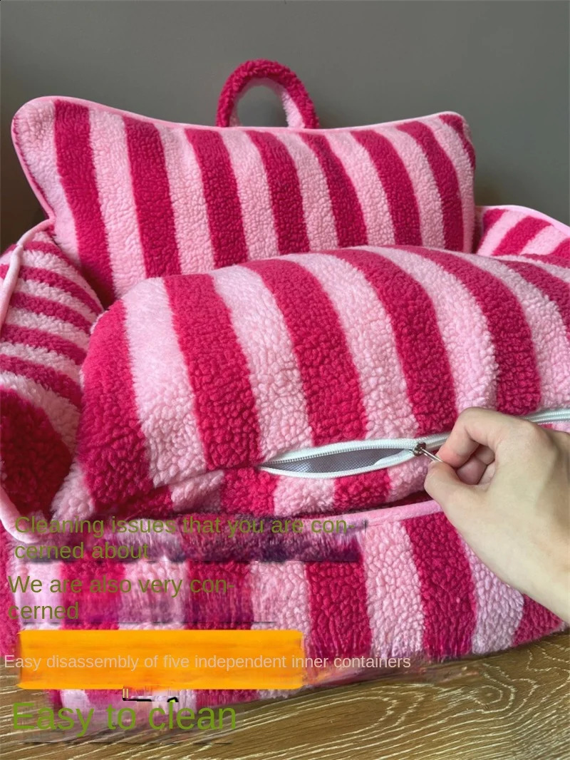 OTAUTAU Cute Pet Sofa Bed with Filler Washable Inner Liner Winter Warm Dog Cat Mini Couch Faux Fleece Stripe Pouf SF139 240824 - view 4