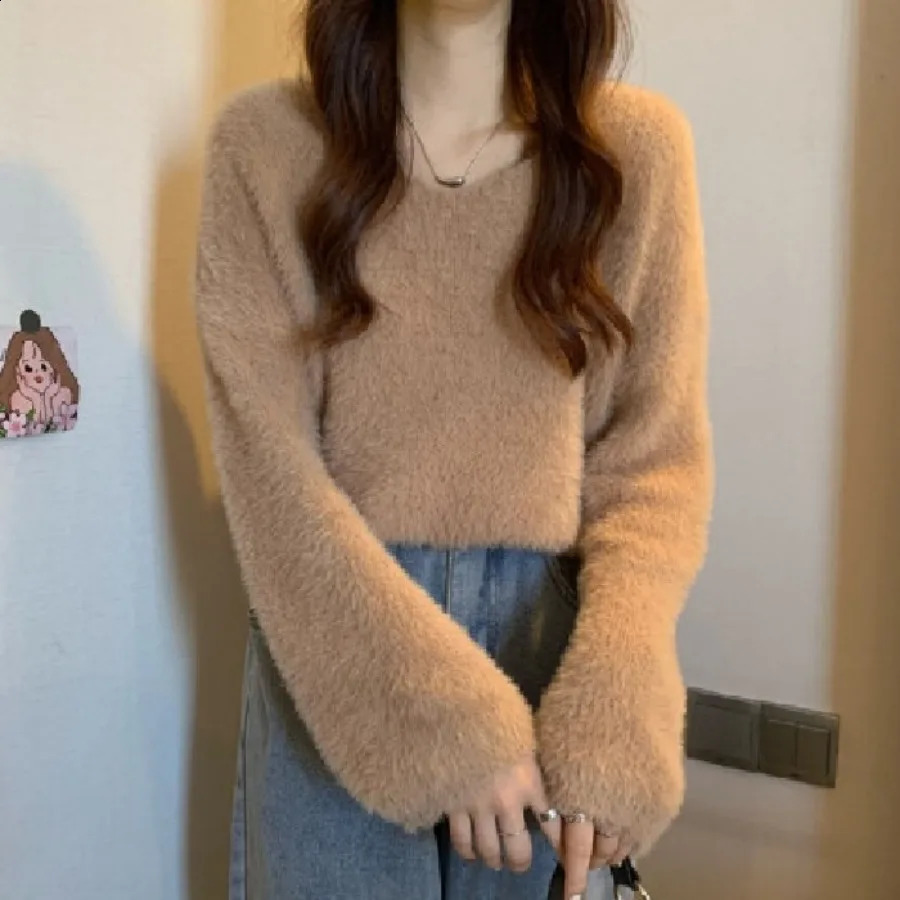 Knitted Sweater Korean Fashion Women Preppy Mink Hair Pullover Autumn Winter Casual Loose Sweet Top Long Sleeve Warmth Knitwear 240824