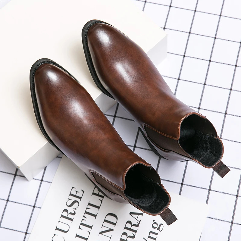 Chelsea Boots Men Shoes PU Brown Fashion Versatile Business Casual British Style Street Party Wear Classic Ankle Boots 240824