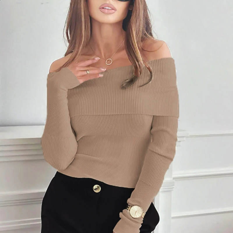 Women Elegant Long Sleeve Knitted Jumper Blouses Women Autumn Solid Color Sexy Off Shoulder Shirt White Black 240824