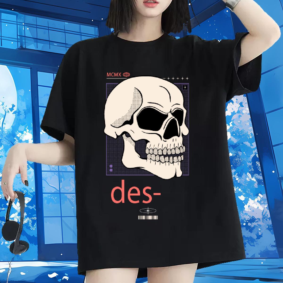 Female Woman Tshirt 230g Cotton skull High Street Hip Hop T shirt Breathable Short Sleeve Black White Top Shirts