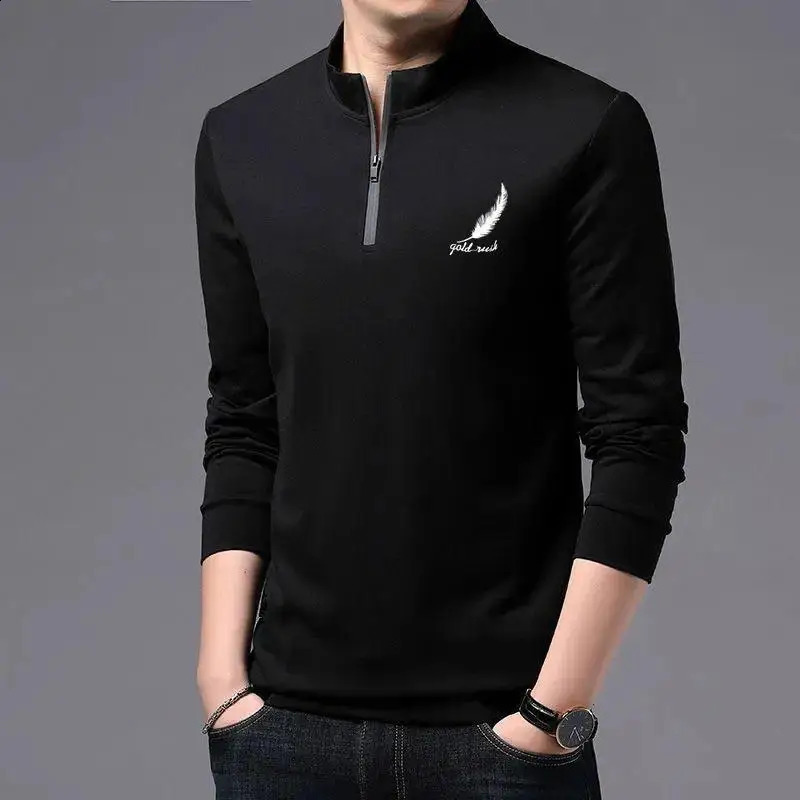 Business Casual Men Solid Zippers Polo Shirts Spring Autumn Male Clothes Long Sleeve Loose Stand Collar Fashion Versatile Tops 240824