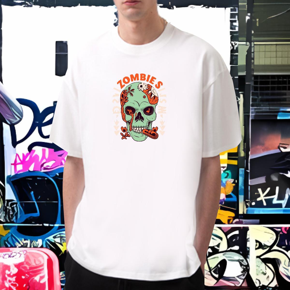 Unisex T-Shirts for Men 100% Cotton 230g skull High Street Hip Hop DIY Printed Round Neck Short Sleeve Tshirt for Man Woman Fashion Casual Tops