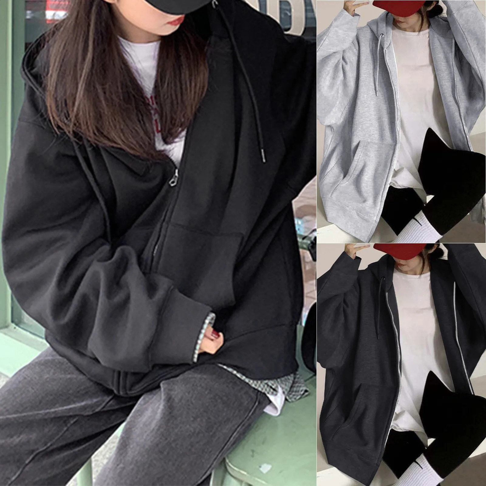 Ladies Hooded Sweatshirt Jacket Harajuku Fashion Solid Color Loose Zip Up Jacket Long Length Outwear Tops For Women Y2k Tops 240824