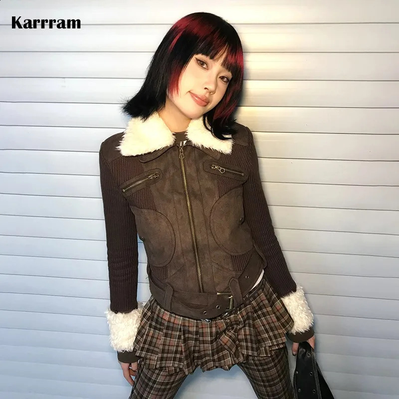 Karrram Japanese Y2k Fur Coat Womens Retro Brown Knitted Jacket Korean Zipper Winter 2000s Aesthetics 240824