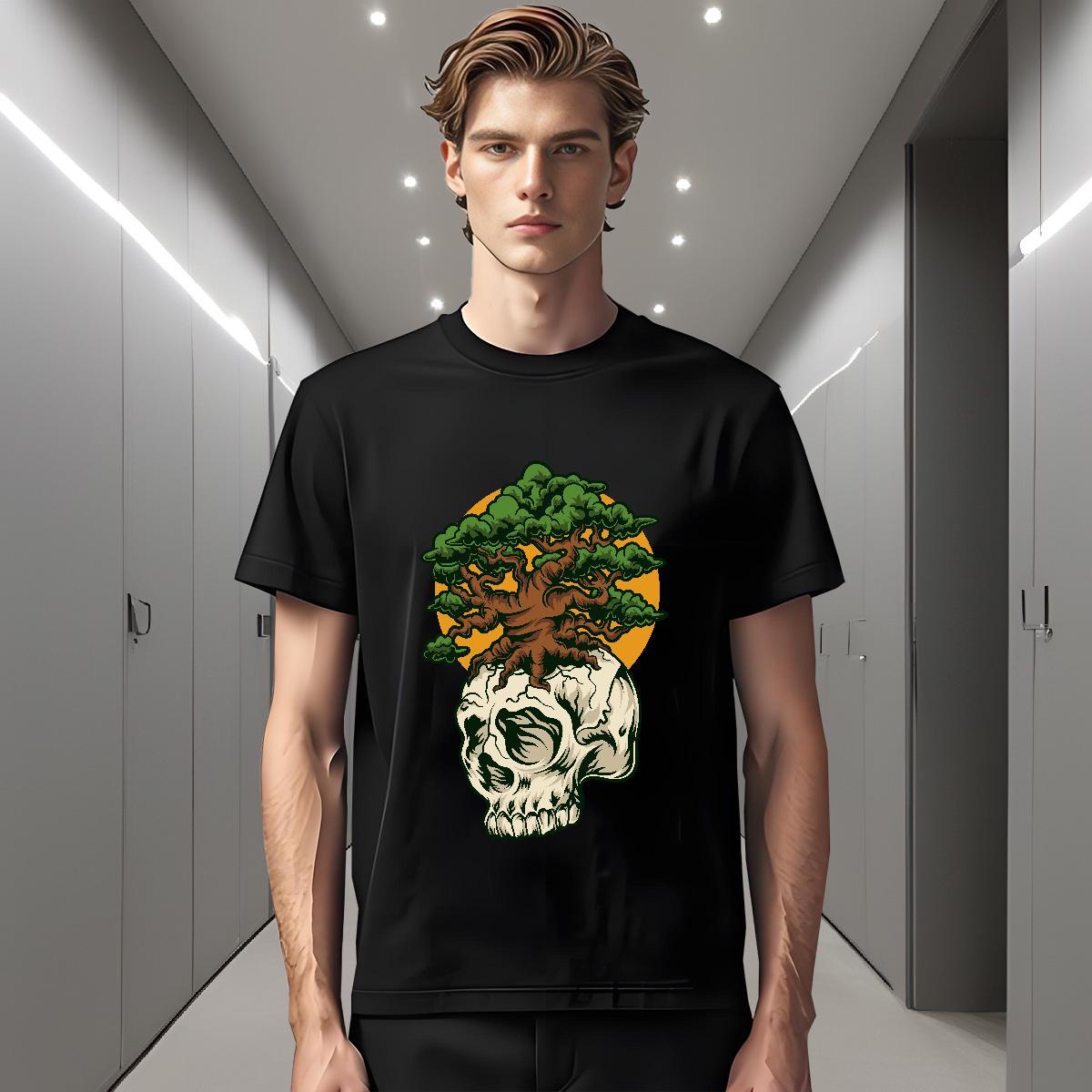 Loose T Shirts Men 230g 100% Cotton skull Hip Hop Black Oversized Breathable Crew Neck Men Tshirts 2024 DIY Clothes